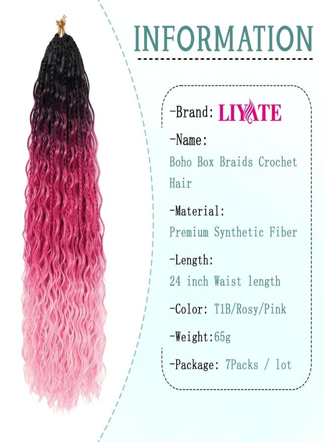 Liyate Goddess Box Braids Crochet Hair Ombre Pink Boho Crochet Braids 24 Inch 7 Packs Bohemian Crochet Braids with Curly Ends Knotless Box Braids Crochet Braiding Hair Extensions, 1B/Rosy/Pink - Image 2